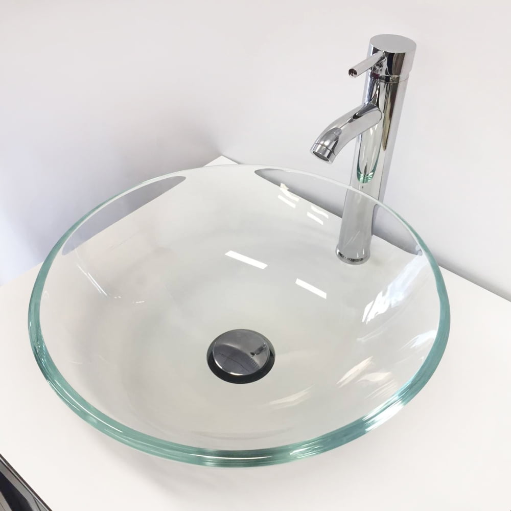Wonline Batnroom Round Crystal Tempered Glass Bathroom Vessel Sink Without Overflow, Equipped with Chrome Faucet Pop-up Drain Combo