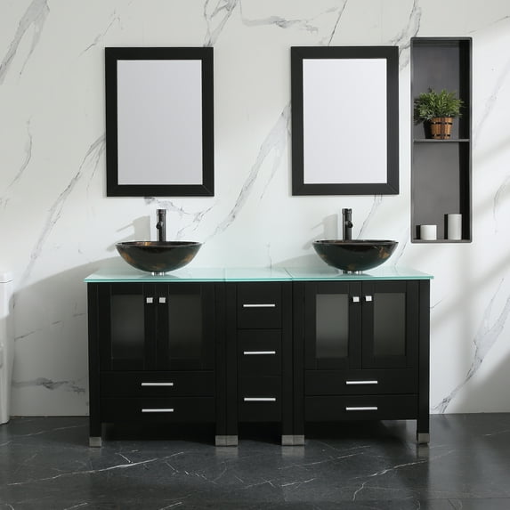 Wonline Black 60" Bathroom Vanity Cabinets Solid Wood w/ Vessel Sink/Glass Top/Mirror