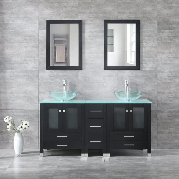 Wonline Durable Bathroom Vanity, Solid Wood Glass Clear, 60" W