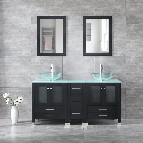 Wonline Durable Bathroom Vanity, Solid Wood Glass Clear, 60" W