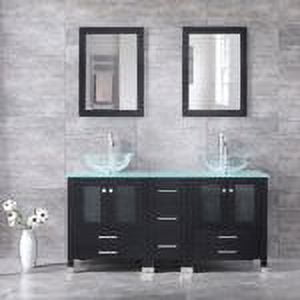 Wonline Black 60" Bathroom Vanity Cabinets Solid Wood w/ Vessel Sink/Glass Top/Mirror
