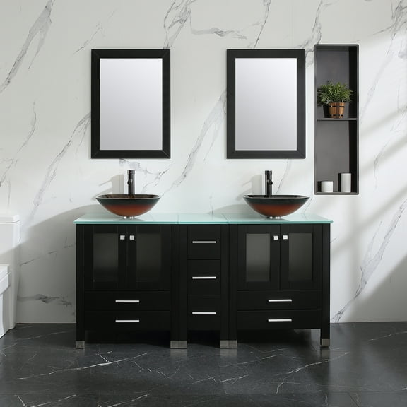 Wonline Black 60 Inch Bathroom Vanity and Sink Combo Double Cabinet with Double Glass Vessel Sink and Faucet Pop Up Drain Brown
