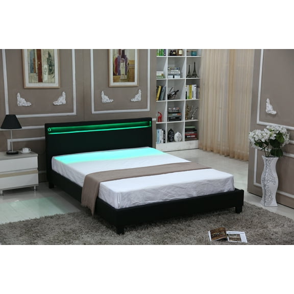 Full Size Platform Bed Upholstered Bed Frame Bedroom LED Light Headboard with Color Changing LED Light Slats Bed Black