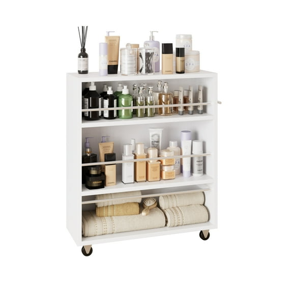 Wonline Modern Slim Storage Rolling Cart with 3-Tier Adjustable Shelving Organizer for Kitchen,Bathroom,Laundry Room(White)