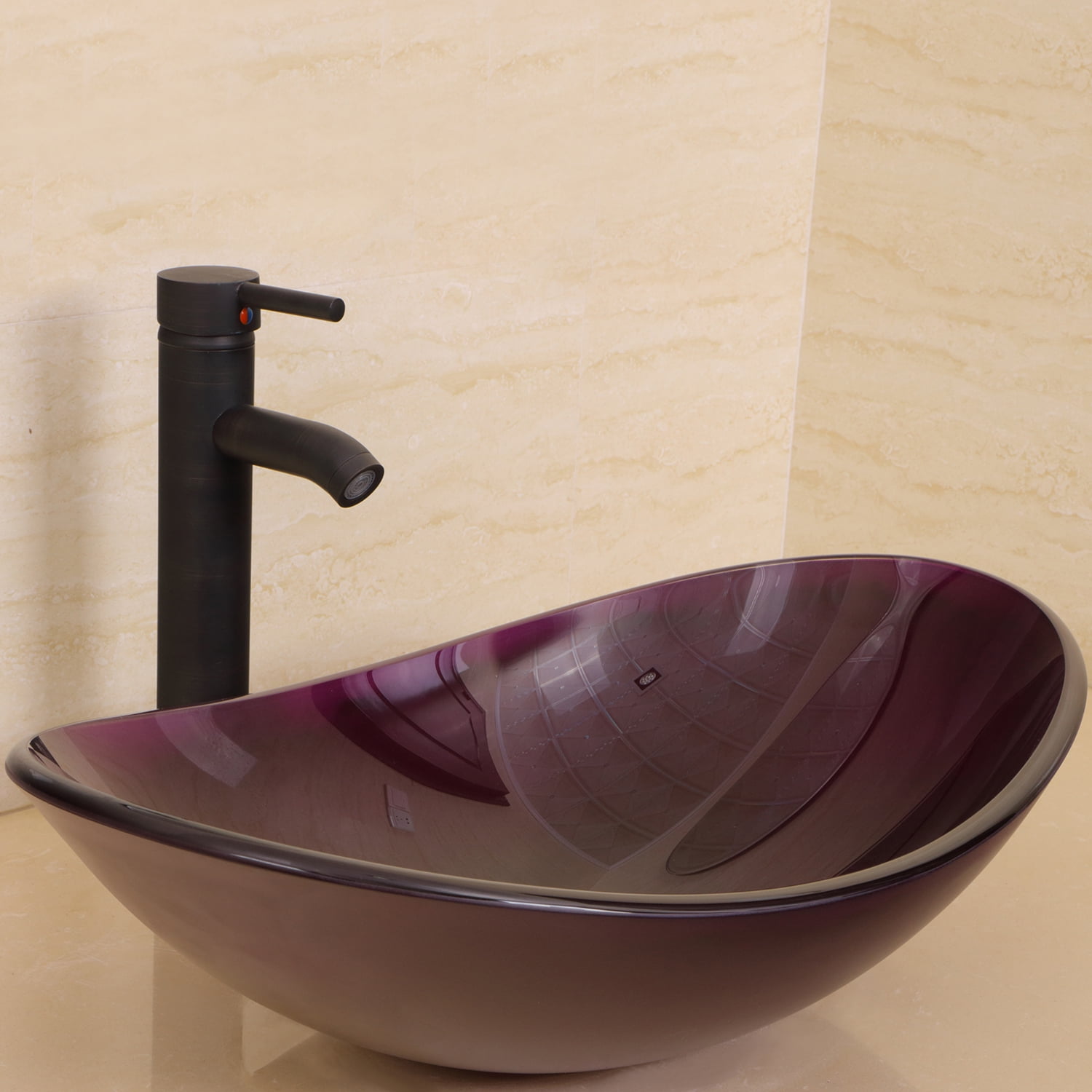 Wonline Purple Tempered Glass 21.5 x14 x 6.3 Inch Oval Bathroom Vessel Sink