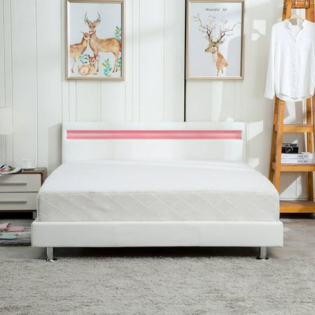 Wonline Queen Size Upholstered LED lighting Contemporary Platform Bed, White