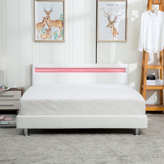 Wonline Queen Size Upholstered LED lighting Contemporary Platform Bed, White