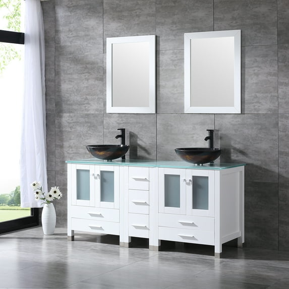 Wonline White 60" Bathroom Vanity Wood Cabinet w/ Glass Vessel Sink Bowl Oil Faucet Drain Combo