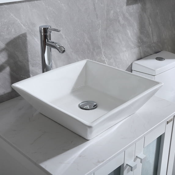 Wonline White Bathroom Ceramic Porcelain Vessel Sink Faucet Set Chrome