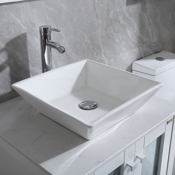 Wonline White Bathroom Ceramic Porcelain Vessel Sink Faucet Set Chrome