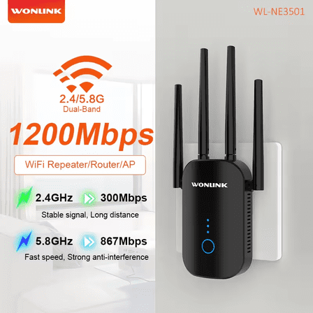 Wonlink AC1200 Wireless WiFi Repeater,2.4/5G Wifi Extender Signal Booster Ethernet Repeaters for Home