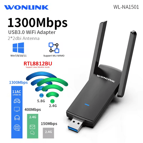 Wonlink 1300Mbps WiFi Adapter for PC,2.4G/5.8G Wireless Network Dongle USB Wifi Adapter for Win10/11