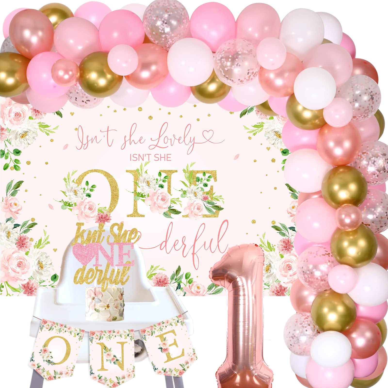 Rose Gold Pink 'Five Is A Vibe' Birthday Decor Kit – Includes Banner, Daisies, Rainbow Balloon
