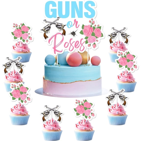 Wonmelody Guns or Roses Cake Topper Decor Guns or Roses Flower Dessert Toppers Guns or Roses Gender Reveal Decorations for Boy or Girl He or She Its a Boy Its a Girl Guns or Roses Gender Reveal Party