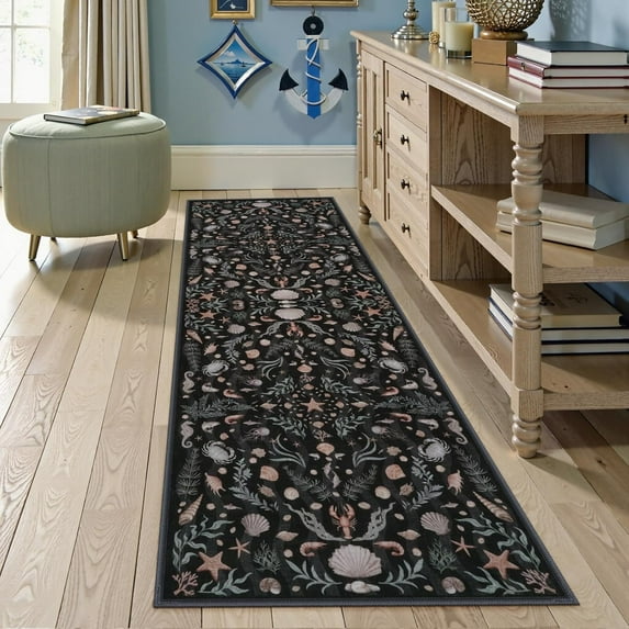 Wonnitar 2.5x8 Coastal Washable Runner Rugs for Hallway, Black Vintage Non-Slip Kitchen Runner Rug, Long Soft Ultra Thin Runners for Laundry Bathroom Entryway