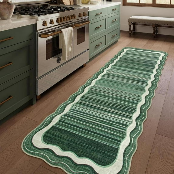 Wonnitar 2'6"x8'Soft Washable Runner Rug,Non-Slip Runner Rugs for Hallway,Stain Resistance Soft Low-Pile Carpet Runner,Modern Abstract Indoor Entryway Carpet Runner for Bathroom, Laundry Room,Green