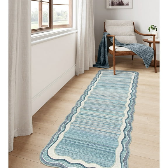 Wonnitar 2'6"x8' Soft Washable Runner Rug,Non-Slip Runner Rugs for Hallway,Stain Resistance Soft Low-Pile Carpet Runner,Modern Abstract Indoor Entryway Carpet Runner for Bathroom, Laundry Room,Blue