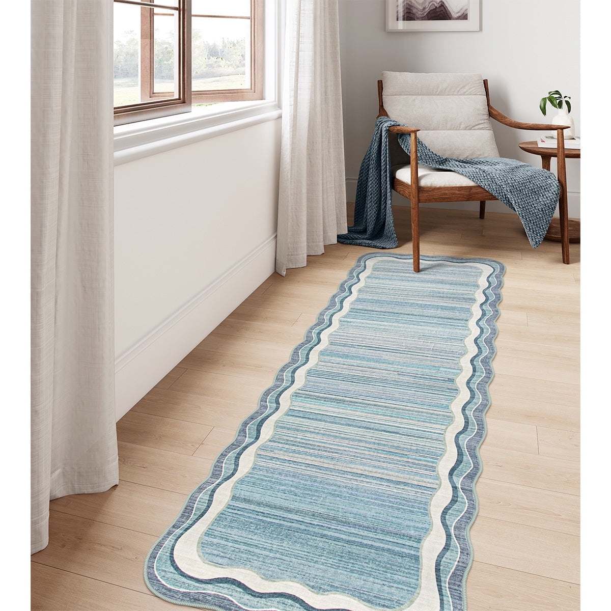 Wonnitar 2.6'x8' Scalloped Striped Hallway Runner Rug, Washable Kitchen Runner Rug, Soft Low Pile Blue Indoor Accent Rug for Entryway, Bathroom, Bedroom, Laundry