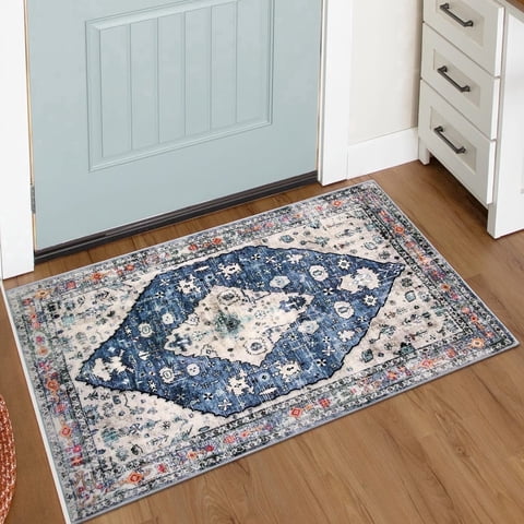 Wonnitar Boho Tribal 2'x3' Entryway Rug, Washable Kitchen Rug Non Slip Stain Resistant Vintage Coastal Small Area Rug for Bedroom Bathroom Laundry Room Indoor Door Mat Entrance, Blue