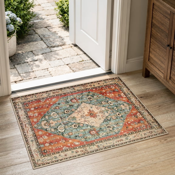 Wonnitar 2' x 3' Boho Entryway Rug, Washable Kitchen Rug Indoor Door Mat Vintage Oriental Traditional Carpet, Non Slip Stain Resistant Area Rug for Bedroom Bathroom Laundry Room, Red