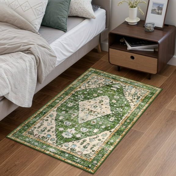 Wonnitar 2'X3' Small Boho Tribal Rugs for Entryway,Soft Kitchen Rugs Non Slip Washable Rugs,2X3ft Modern Foldable Door Mat Indoor Entrance Low-Pile Throw Rug for Bedroom Bathroom,Green