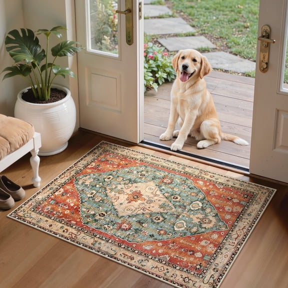 Wonnitar 2'X3' Small Boho Tribal Rugs for Entryway,Soft Kitchen Rugs Non Slip Washable Rugs,2X3ft Modern Foldable Door Mat Indoor Entrance Low-Pile Throw Rug for Bedroom Bathroom,Rust