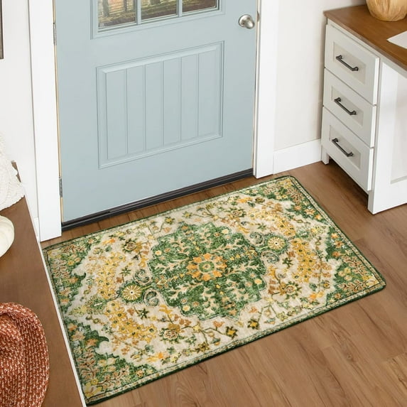 Wonnitar 2'x3' Bohemian Floral Medallion Area Rug,Oriental Distressed Small Bath Rug Country Vintage Doormat Faux Wool Non-Slip Washable Low-Pile Carpet for Bathroom Kitchen Laundry Room Decor