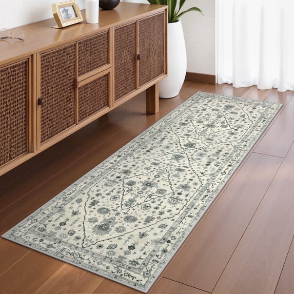Wonnitar 2'x6' Vintage Hallway Runner Rug, Washable Non Slip Kitchen Rugs, Boho Tribal Accent Runner for Bathroom Bedroom Laundry Room Soft Low Pile Stain Resistant, Light Gray