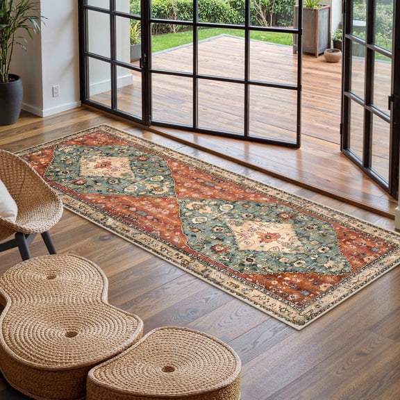 Wonnitar 2'x6' Boho Tribal Hallway Runner Rug, Washable Non Slip Kitchen Rugs, Vintage Accent Runner for Bathroom Bedroom Laundry Room Soft Low Pile Stain Resistant, Red