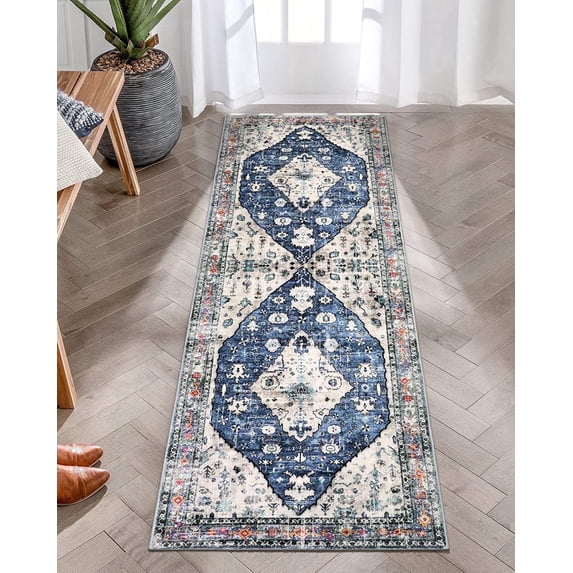 Wonnitar Boho Tribal 2'x6' Hallway Runner Rug, Washable Non Slip Kitchen Rugs, Vintage Coastal Accent Runner for ‎‎Bathroom Bedroom Laundry Room Soft Low Pile Stain Resistant, Blue