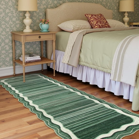 Wonnitar 2'x6' Scalloped Runner Rug for Hallway, Washable Striped Kitchen Rug Non Slip, Soft Low Pile Wavy Edge Green Accent Rug for Entryway, Bathroom, Bedroom, Laundry Room