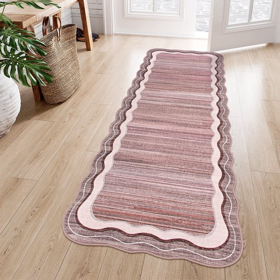 Wonnitar 2'x6' Scalloped Runner Rug for Hallway, Washable Striped Kitchen Rug Non Slip, Soft Low Pile Wavy Edge Pink Accent Rug for Entryway, Bathroom, Bedroom, Laundry