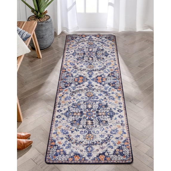 Wonnitar 2'x6' Washable Kitchen Runner Rug,Hallway Entryway Runner Rug, Oriental Medallion Distressed Non-Slip Mat, Bohemian Low-Pile Floor Carpet Runner for Bathroom Laundry Bedside