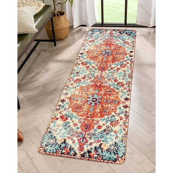 Wonnitar 2'x6' Washable Kitchen Runner Rug,Hallway Entryway Runner Rug, Oriental Medallion Distressed Non-Slip Mat, Bohemian Low-Pile Floor Carpet Runner for Bathroom Laundry Bedside