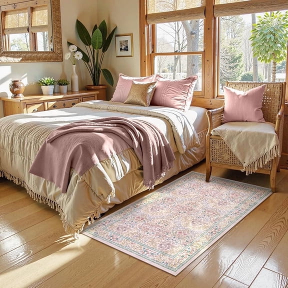 Wonnitar 2x3 Floral Washable Rugs for Entryway, Non Slip Boho Pink Kitchen Rugs, Soft Ultra-Thin Door Mat Indoor for Girls Bedroom Bathroom