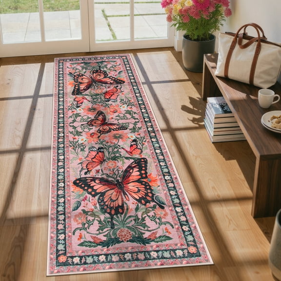Wonnitar 2x6 Butterfly Kitchen Runner Rug, Ultra Thin Pink Boho Runners for Hallway, Soft Low Pile Washable Runner Rugs, Non Slip Floral Rug Runner for Entryway Laundry