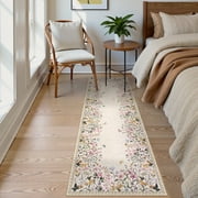 Wonnitar 2x6 Floral Runner Rug for Hallways, Beige Washable Kitchen Runner Rugs, Soft Low Pile Runner for Laundry Bedside
