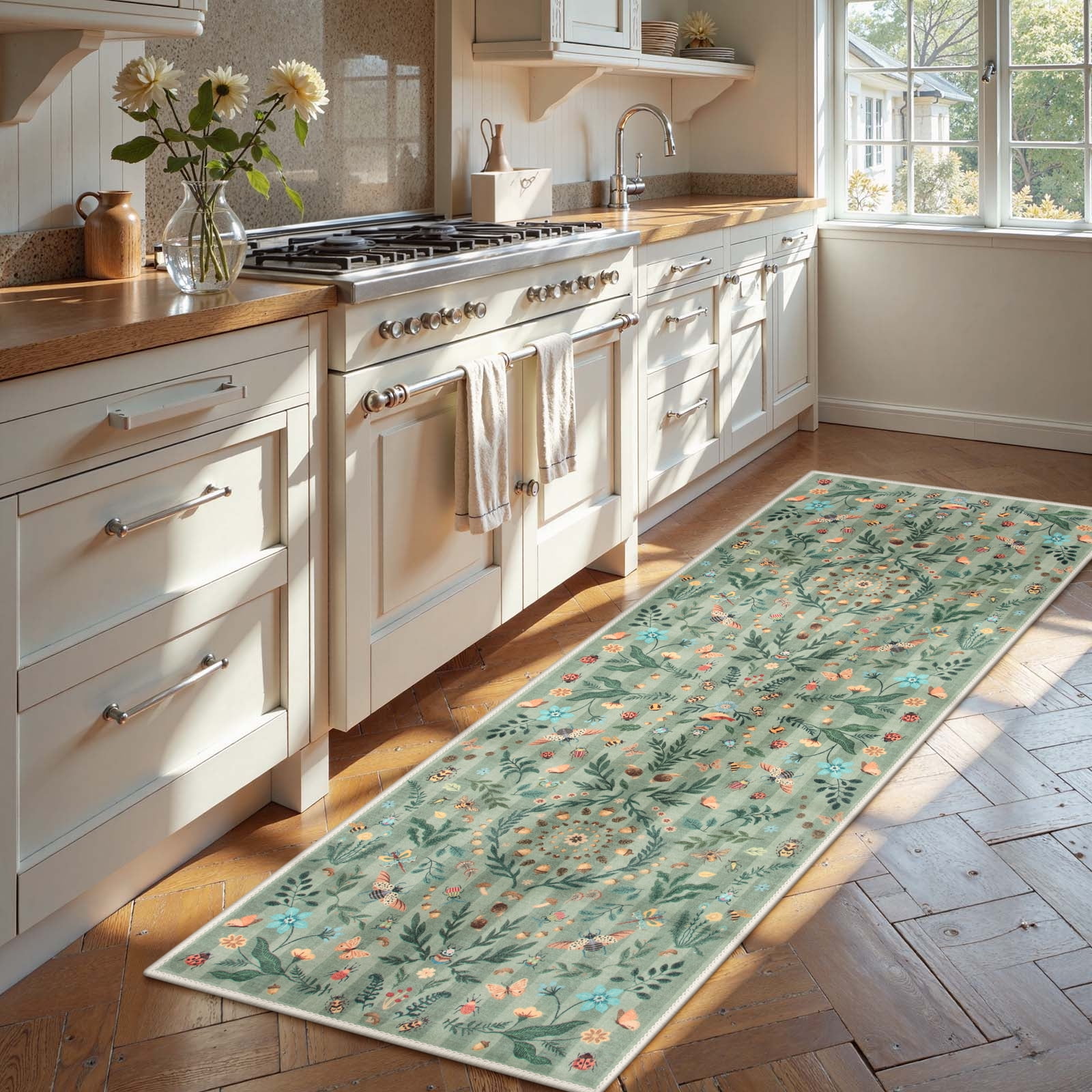 Wonnitar 2x6 Insect Kitchen Runner Rug, Ultra Thin Green Boho Floral Runners for Hallway, Soft Low Pile Washable Runner Rugs, Non Slip Rug Runner for Entryway Laundry
