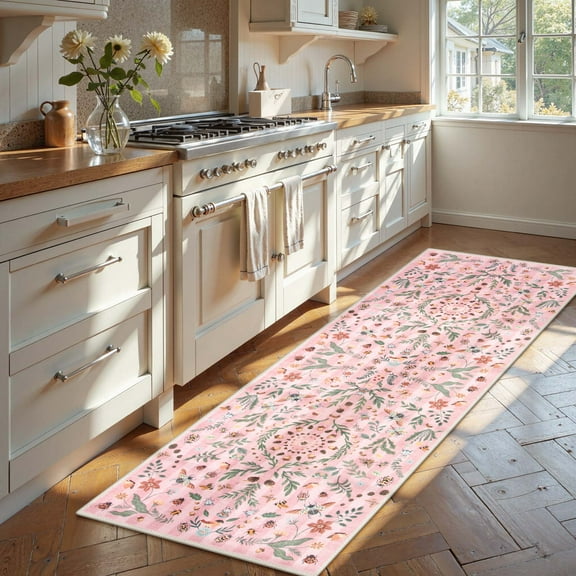 Wonnitar 2x6 Insect Kitchen Runner Rug, Ultra Thin Pink Boho Floral Runners for Hallway, Soft Low Pile Washable Runner Rugs, Non Slip Rug Runner for Entryway Laundry