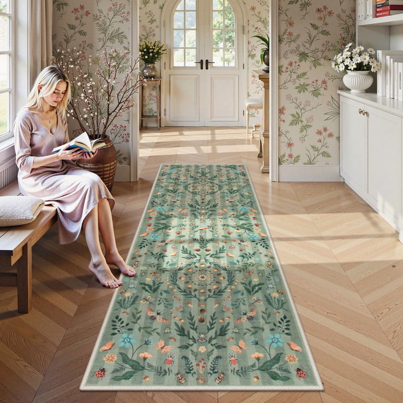 Wonnitar 2x8 Insect Kitchen Runner Rug, Ultra Thin Green Boho Floral ...