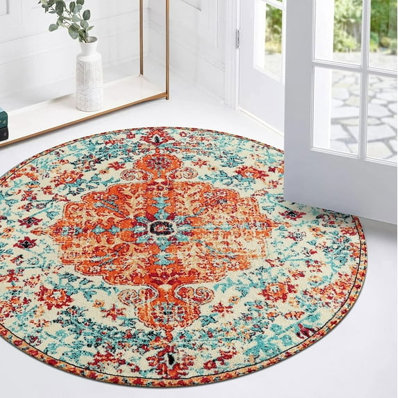 Wonnitar 3'Round Bohemian Medallion Rug,Oriental Distressed Small Round Area Rug Vintage Washable Entryway Foyer Mat Non-Slip Non-Shedding Low-Pile Sofa Bathroom Carpet