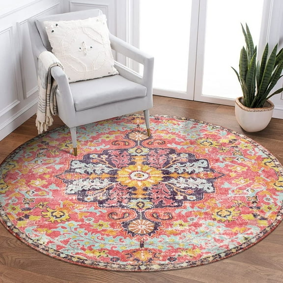 Wonnitar 3'Round Bohemian Medallion Rug,Oriental Distressed Small Round Area Rug Vintage Washable Entryway Foyer Mat Non-Slip Non-Shedding Low-Pile Sofa Bathroom Carpet