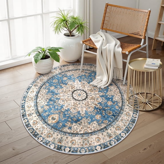 Wonnitar Boho Tribal Round Rug 3' Washable Area Rug, Non Slip Ultra Soft Vintage Circle Carpet for Living Room Bedroom Kitchen Office Laundry Room, Light Blue