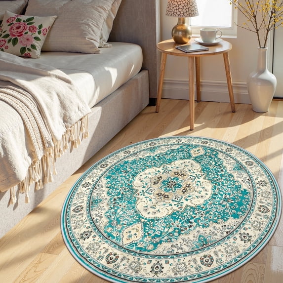 Wonnitar Boho Tribal Round Rug 3' Washable Area Rug, Non Slip Ultra Soft Vintage Circle Carpet for Living Room Bedroom Kitchen Office Laundry Room, Blue