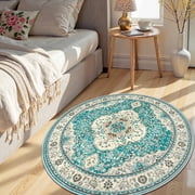 Wonnitar Boho Tribal Round Rug 3' Washable Area Rug, Non Slip Ultra Soft Vintage Circle Carpet for Living Room Bedroom Kitchen Office Laundry Room, Blue