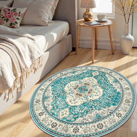 Wonnitar Boho Tribal Round Rug 3' Washable Area Rug, Non Slip Ultra Soft Vintage Circle Carpet for Living Room Bedroom Kitchen Office Laundry Room, Blue