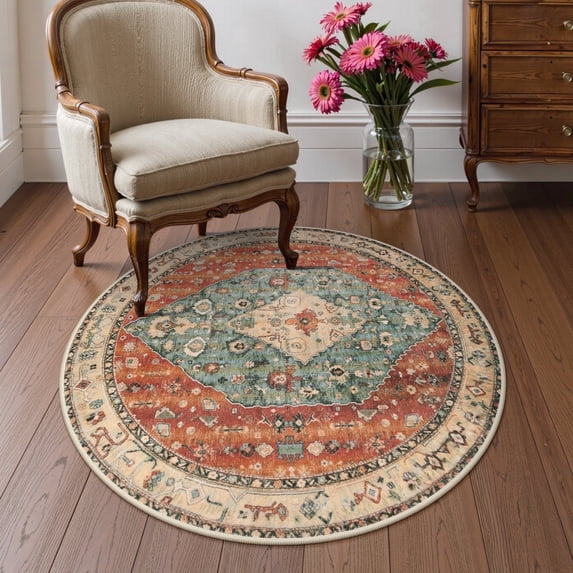 Wonnitar Boho Tribal Round Rug 3' Washable Area Rug, Non Slip Ultra Soft Vintage Circle Carpet for Living Room Bedroom Kitchen Office Laundry Room, Red