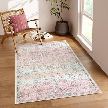 Wonnitar 3'x5' Light Pink Boho Rug, Machine Washable Area Rugs 3x5ft Dorm Rugs for College Students Girls, Soft Floral Small Nursery Pastel Rug Pink Carpet for Bedroom Kids Room