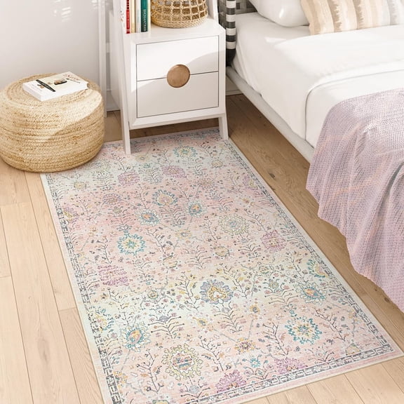 Wonnitar 3'x5' Light Pink Boho Rug, Machine Washable Area Rugs 3x5ft Dorm Rugs for College Students Girls, Soft Floral Small Nursery Pastel Rug Pink Carpet for Bedroom Kids Room