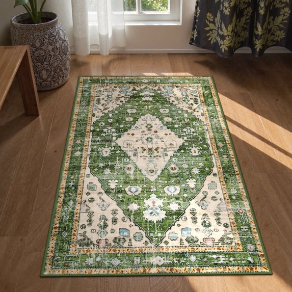 Wonnitar 3'x5' Boho Tribal Entryway Rug, Washable Area Rug for Kitchen Non Slip Stain Resistant, Low Pile Vintage Cottage Throw Rug for Bedroom Bathroom Laundry Room, Green